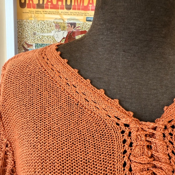 Crochet Burnt Orange Bell-Sleeve Knit Top - Picture 6 of 8
